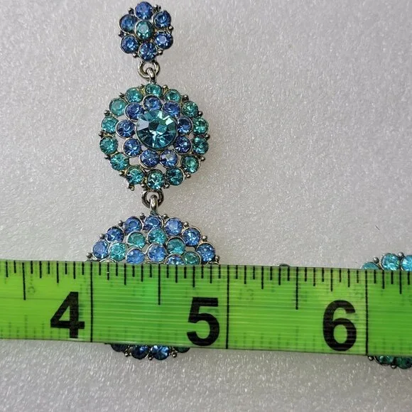 Blue Crystal Rhinestone Long Dangle Earrings - Picture 3 of 13